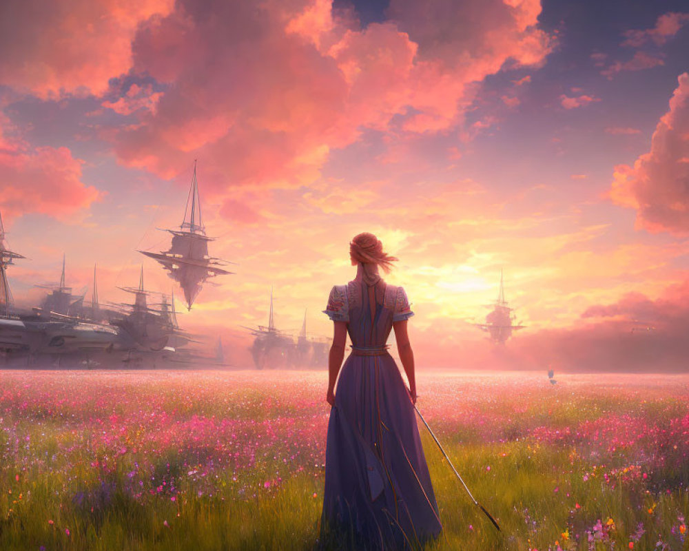 Woman in Vintage Dress in Pink Flower Field Watching Flying Ships at Sunset