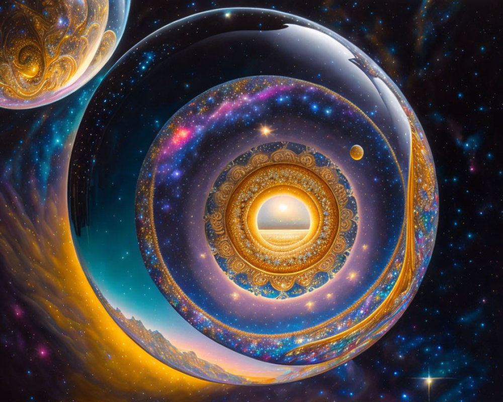 Colorful cosmic illustration with swirling galaxies and celestial bodies in interlocking spheres.