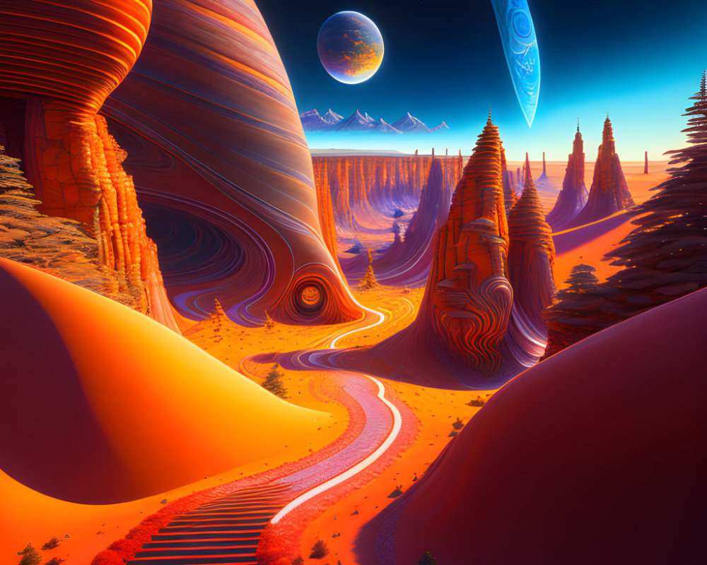 Alien landscape with swirling patterns, orange hues, stair-like formations