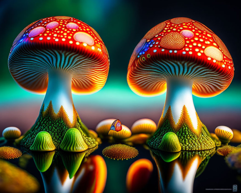 Vibrantly colored stylized mushrooms with intricate patterns on caps amid smaller fungi on reflective surface with dark