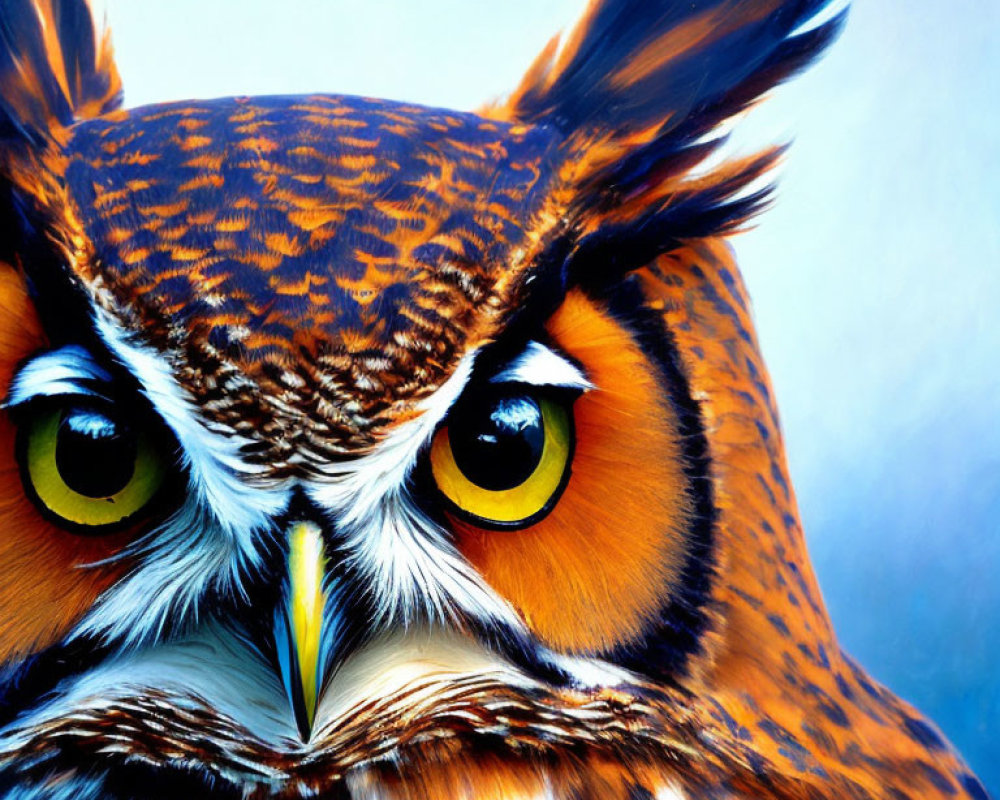 Vibrant orange and brown feathered owl with yellow eyes and sharp beak