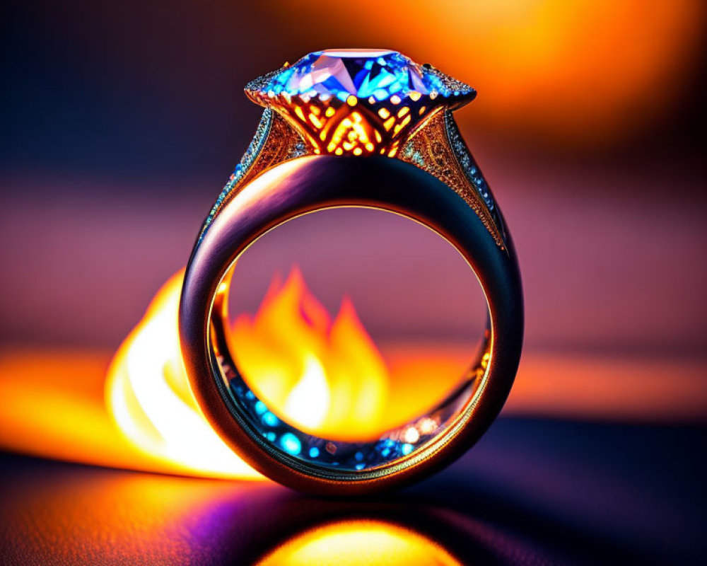 Intricately Designed Blue Gem Ring with Fire Background