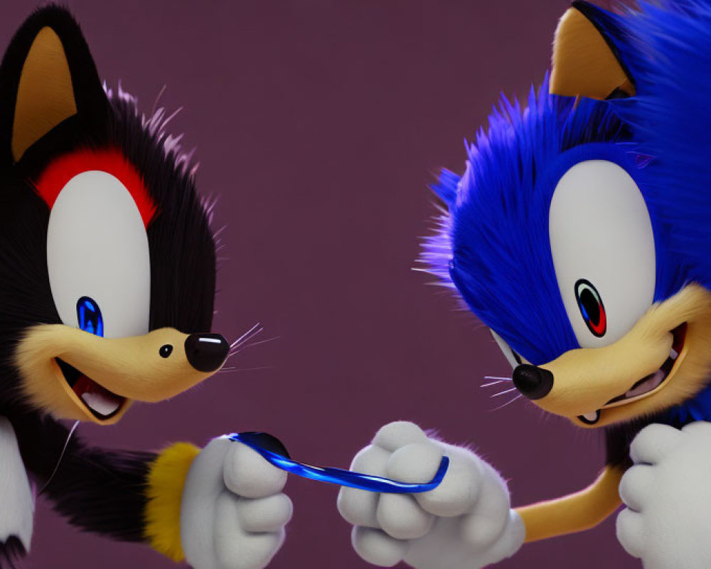 Two animated hedgehogs with different colors sharing a mischievous smile over a glowing blue item