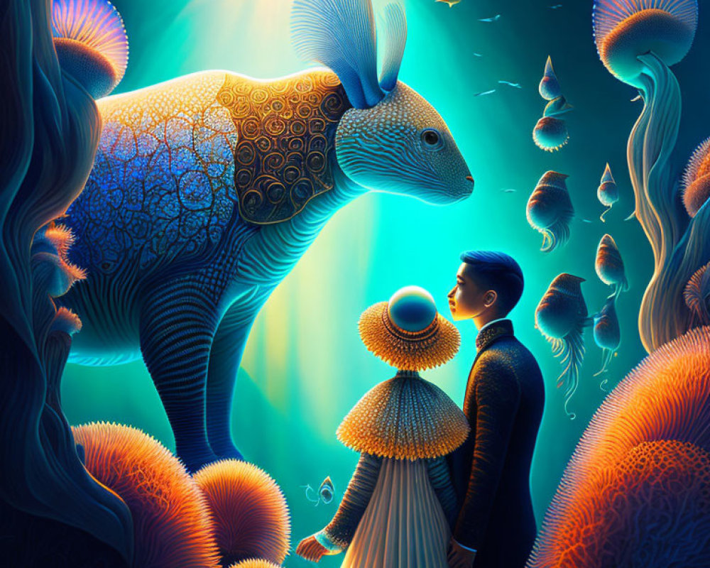 Victorian couple encounters surreal glowing armadillo in luminous setting