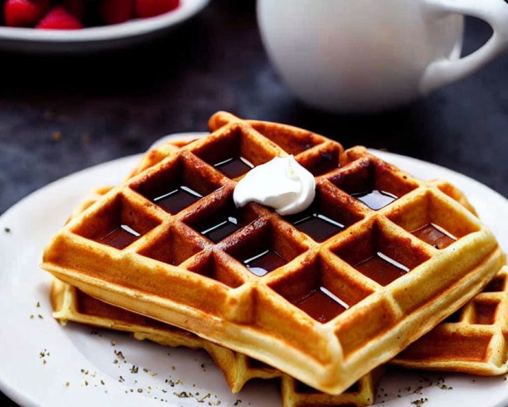 Golden-brown waffles with butter, syrup, raspberries, and a pitcher