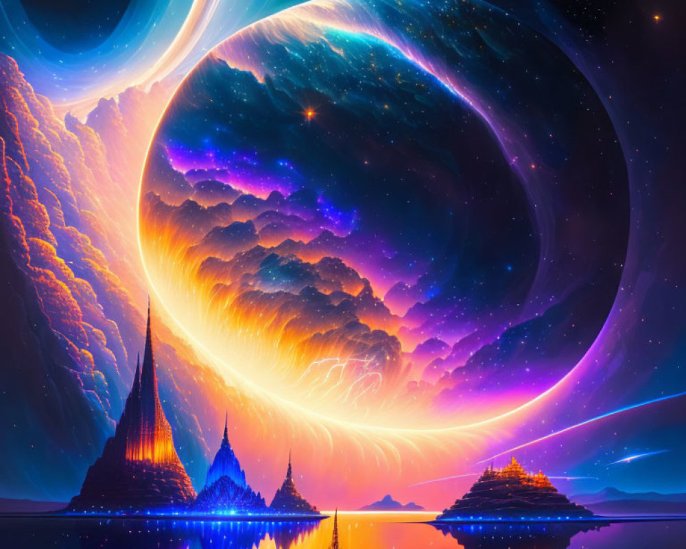 Fantasy landscape digital art with majestic spires and surreal celestial body