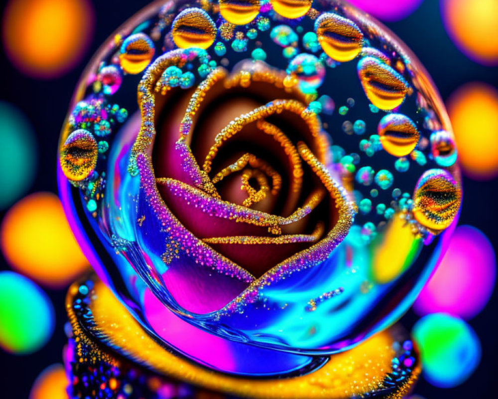 Close-up Rose in Water Droplet with Colorful Bokeh Background