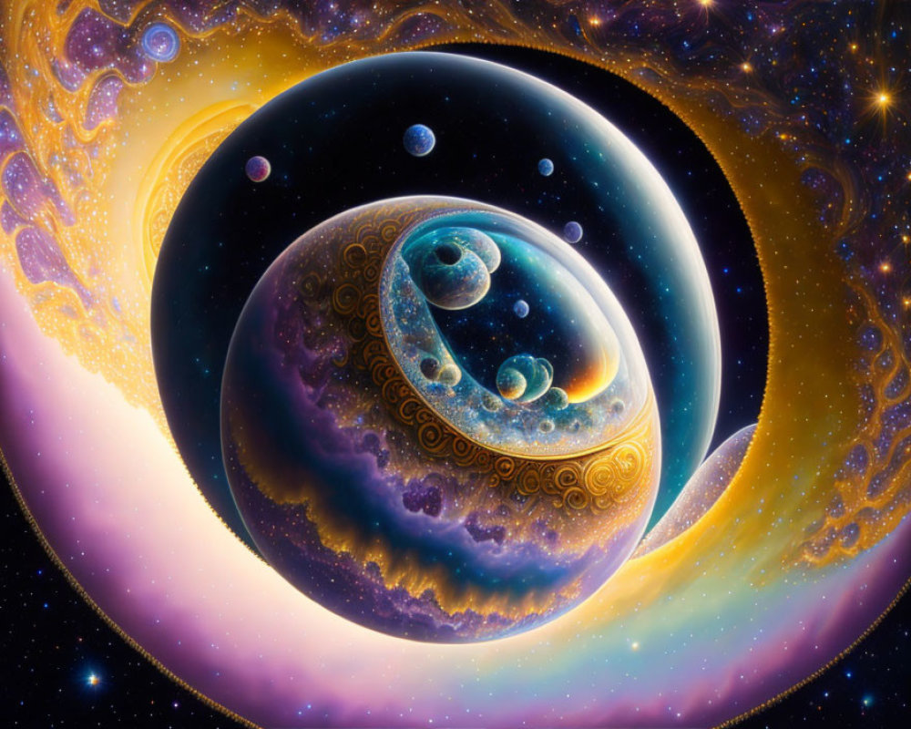 Vibrant surreal cosmic artwork with swirling galaxies and celestial bodies