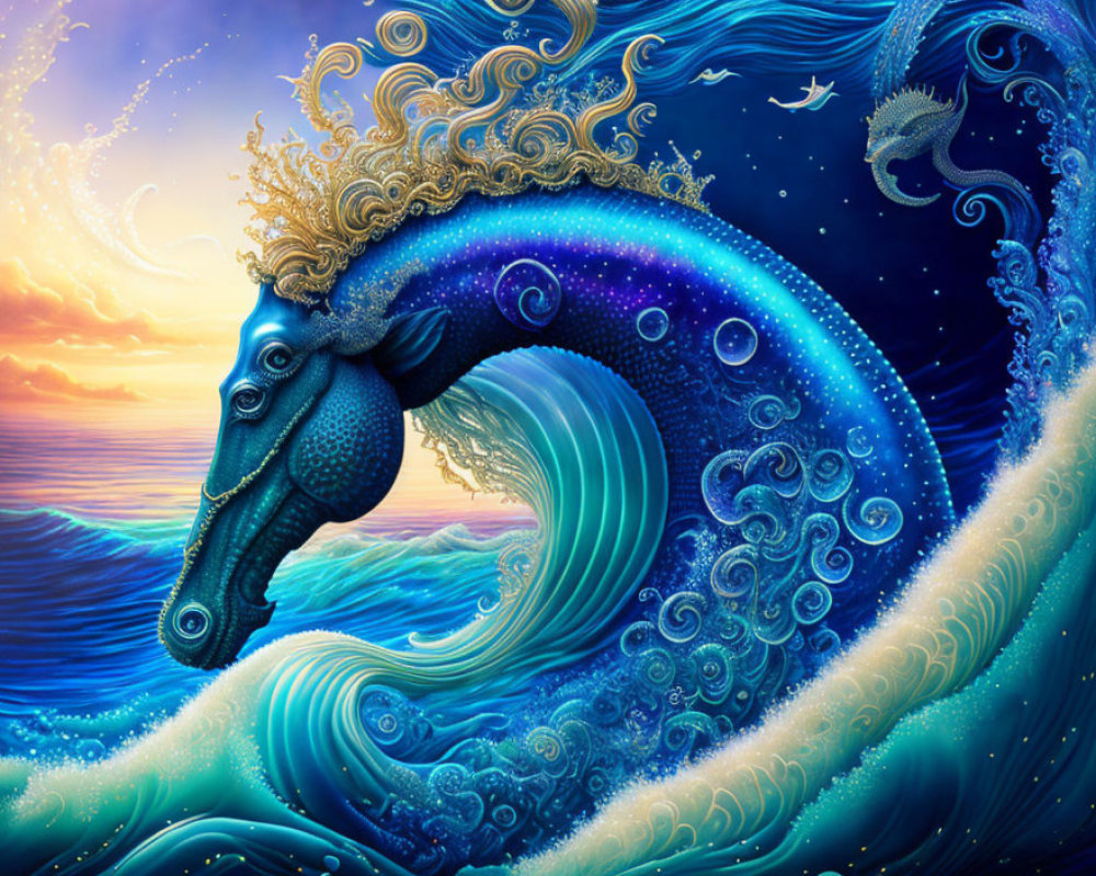 Colorful artwork: Majestic blue seahorse with golden crown in swirling wave under sunset sky