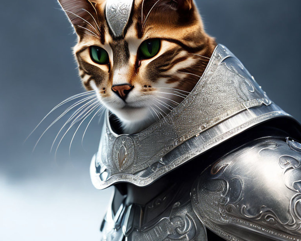 Detailed Silver Knight's Armor Adorns Majestic Cat in Moody Sky