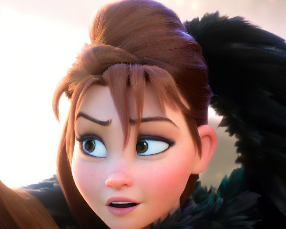 Blue-eyed animated female character in black feathered attire with brown hair gazing sideways.