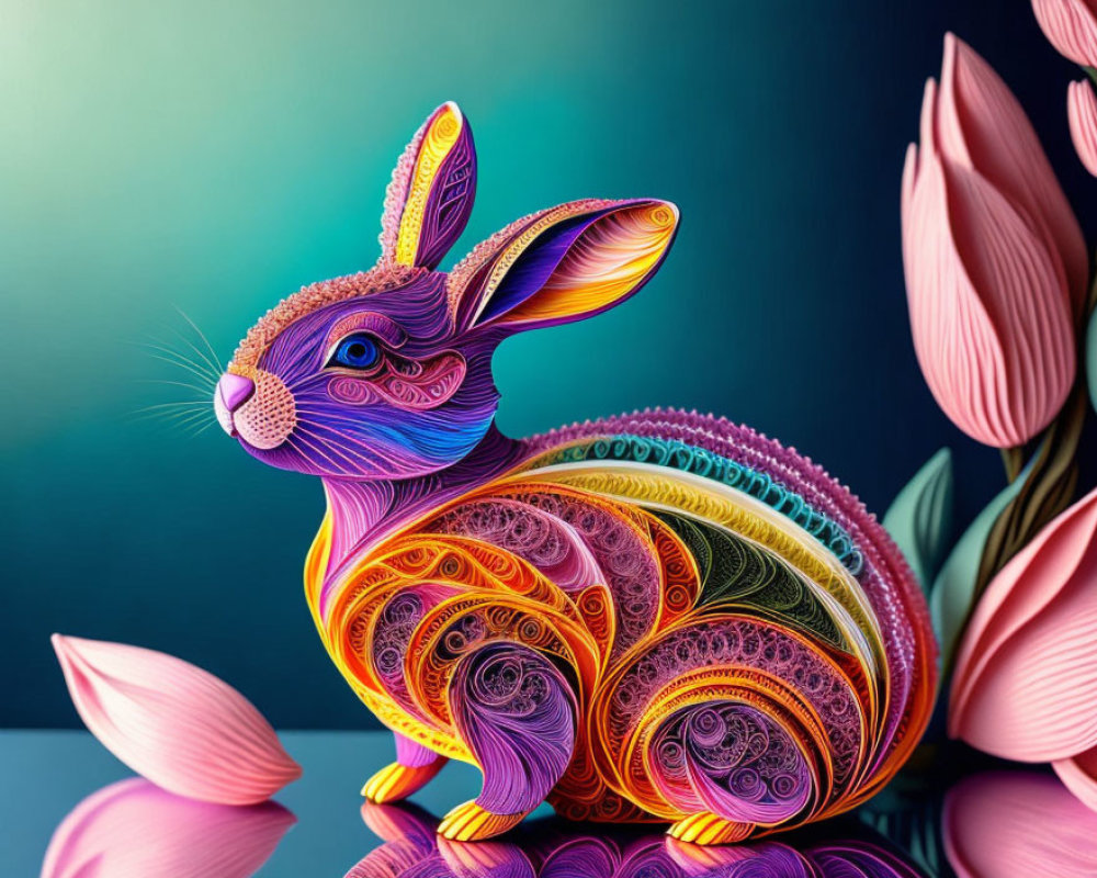 Colorful Quilled Paper Art of Rabbit with Swirling Pattern and Tulips