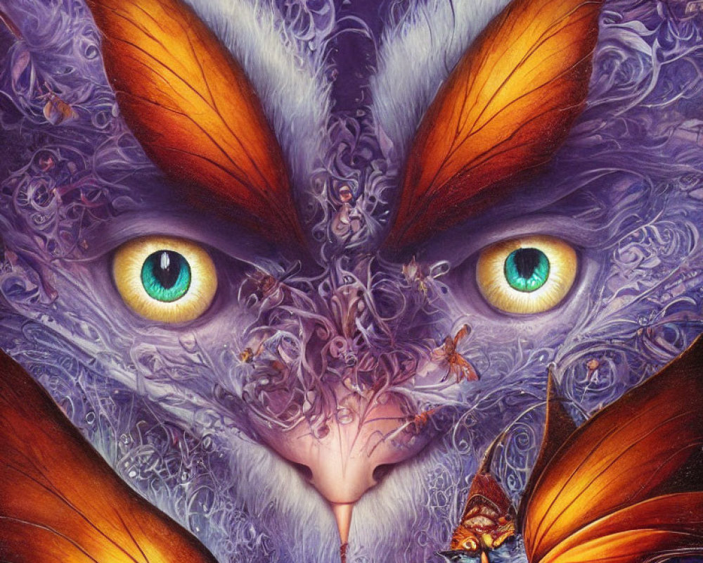 Colorful close-up illustration of mystical creature with intense yellow eyes surrounded by butterflies and purple patterns