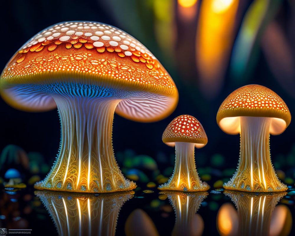 Bioluminescent mushrooms with intricate patterns on shiny surface