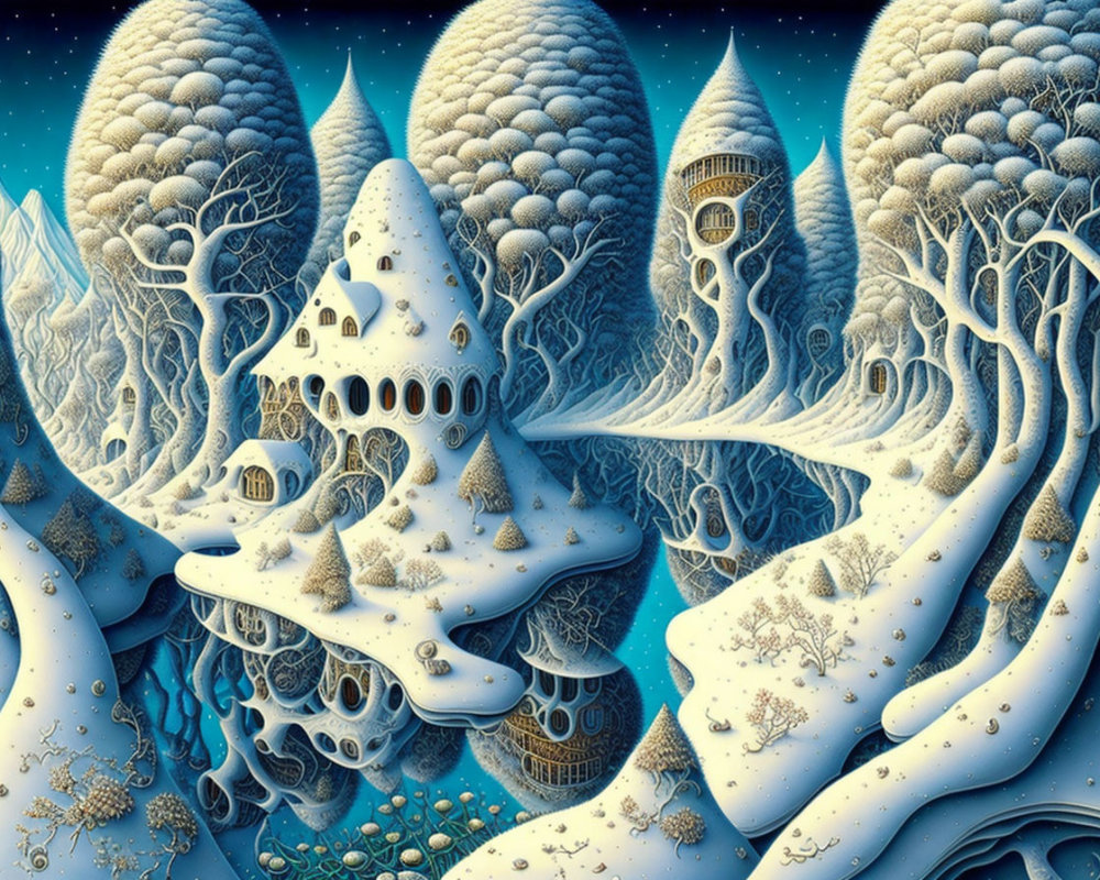 Surreal winter landscape with dome-like structures, trees, snow, and intricate patterns