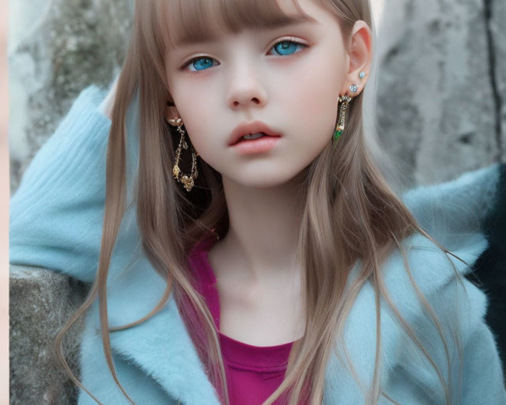 Blonde girl with blue eyes in blue coat and pink shirt on grey background