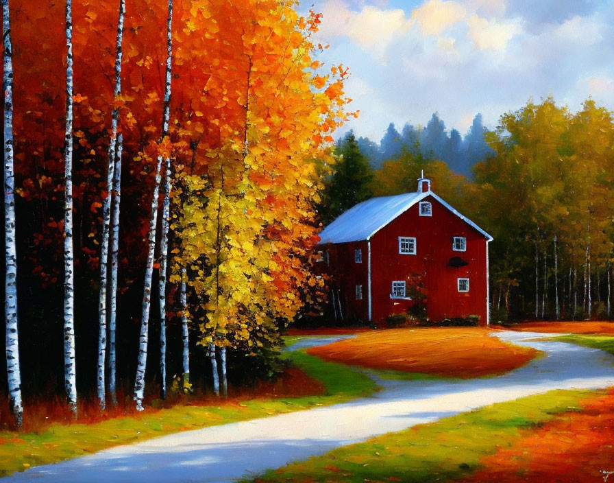 Colorful Autumn Landscape with Red Barn and Winding Path