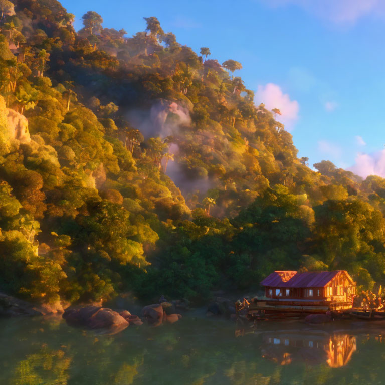 Misty Sunrise Overlooking Forest, Lake, and Wooden House