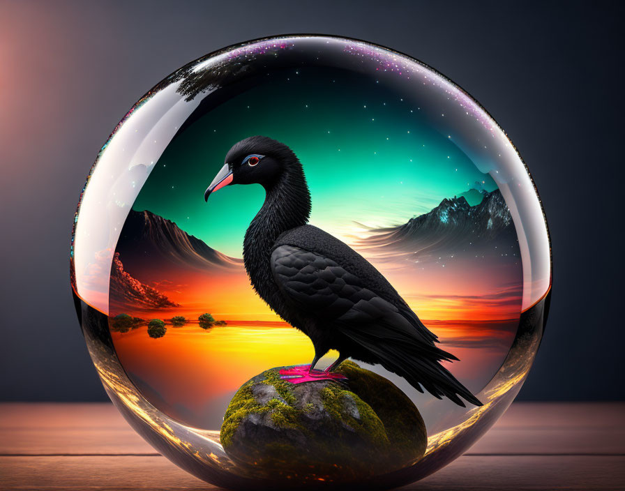 Black bird perched in transparent orb with surreal mountain landscape at sunset.