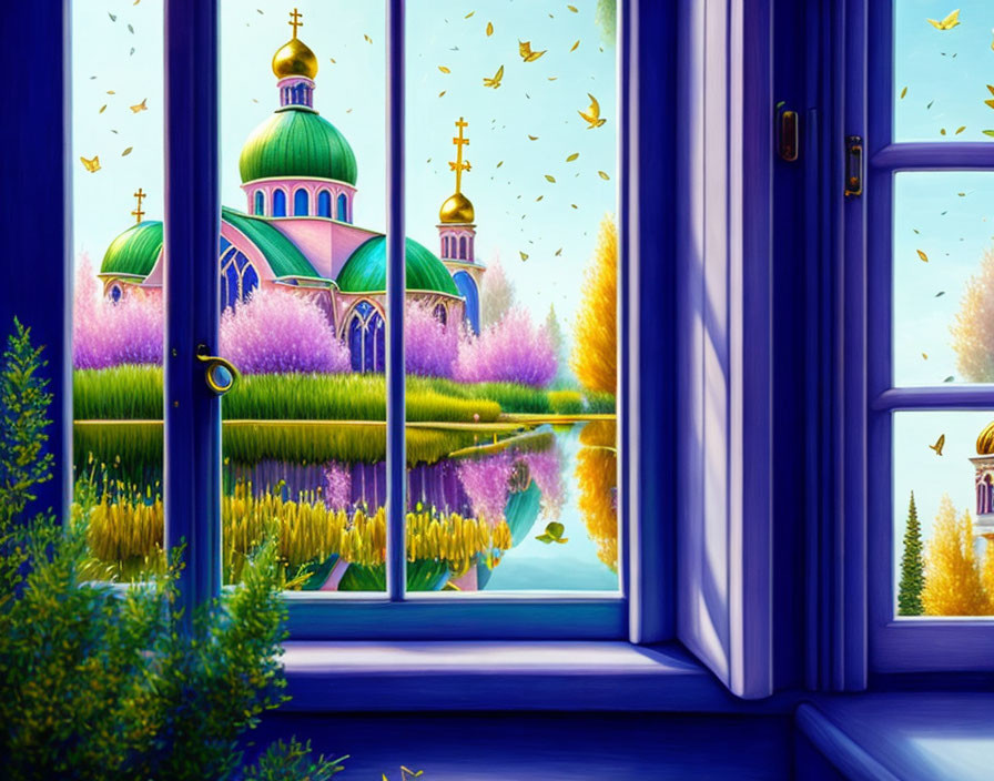 Colorful landscape with church and river view from blue window