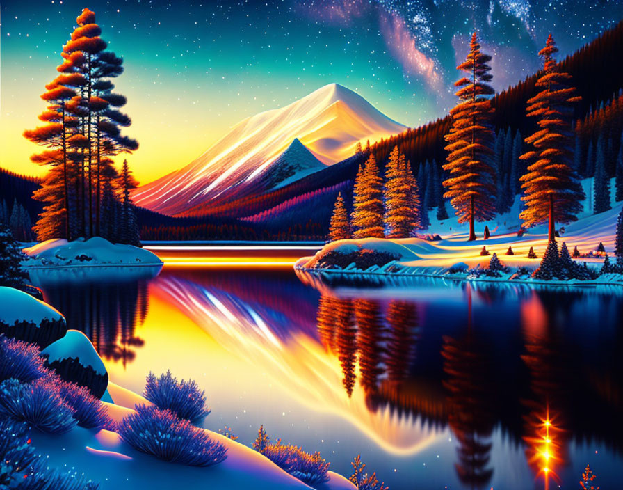 Serene mountain landscape at dusk with reflective water