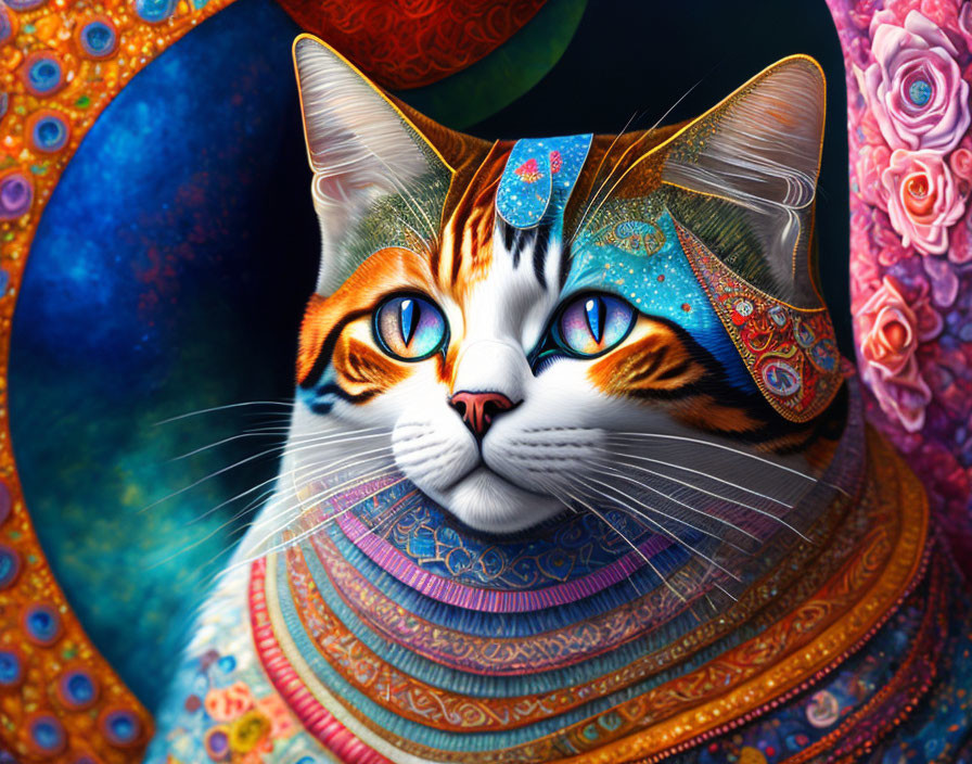 Colorful Cat with Intricate Patterns Amid Flowers and Cosmic Swirl