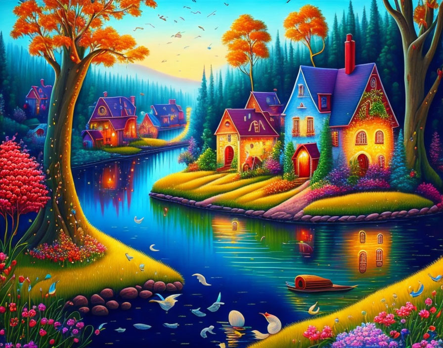 Colorful cottages by serene river in twilight with abundant flora and swans