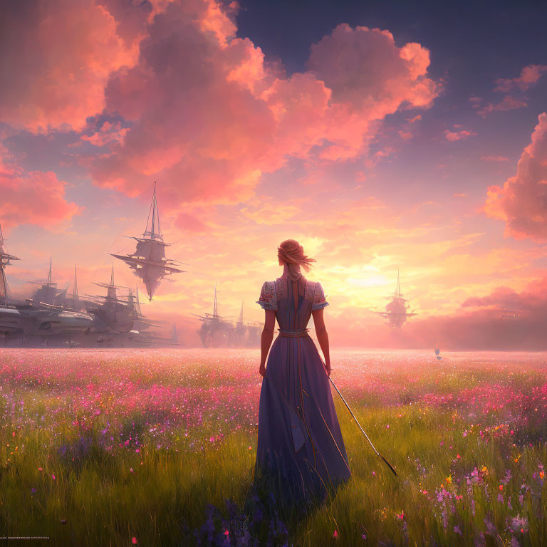 Woman in Vintage Dress in Pink Flower Field Watching Flying Ships at Sunset