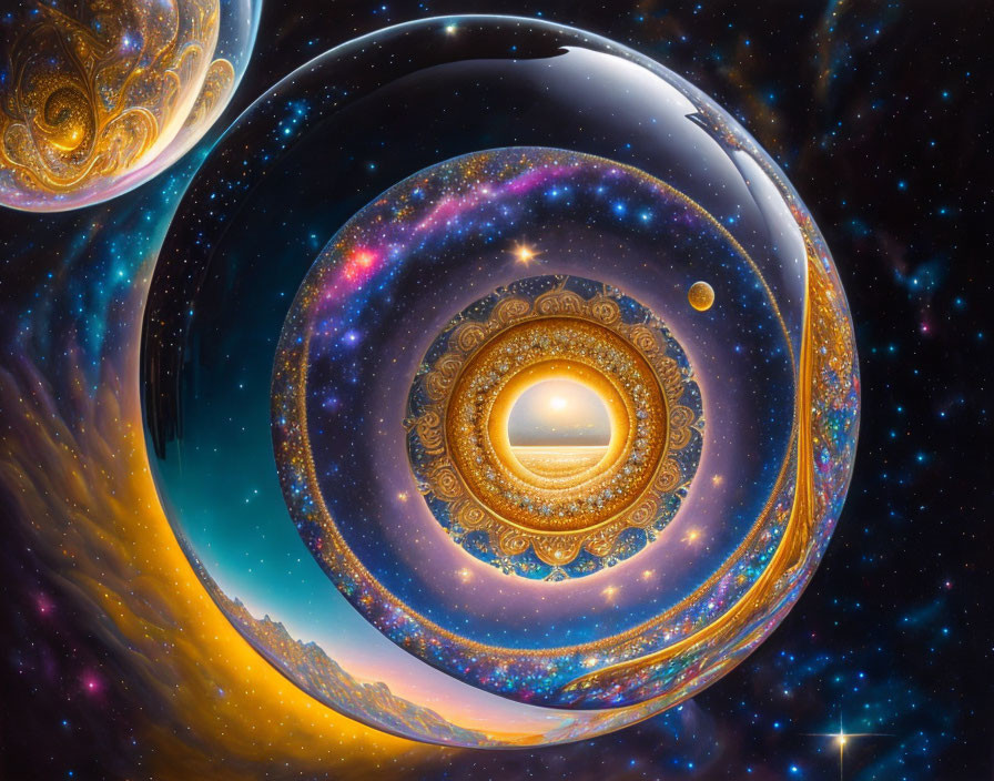 Colorful cosmic illustration with swirling galaxies and celestial bodies in interlocking spheres.