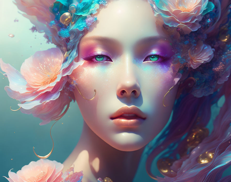 Portrait of woman with floral elements and shimmering makeup