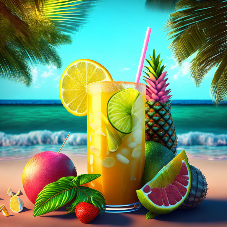 Tropical beach scene with citrus juice, lime slice, ice cubes, and mixed fruits under palm leaves