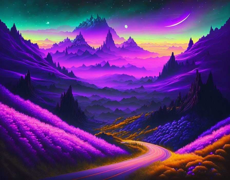 Surreal landscape with purple foliage, winding road, layered mountains, starry sky