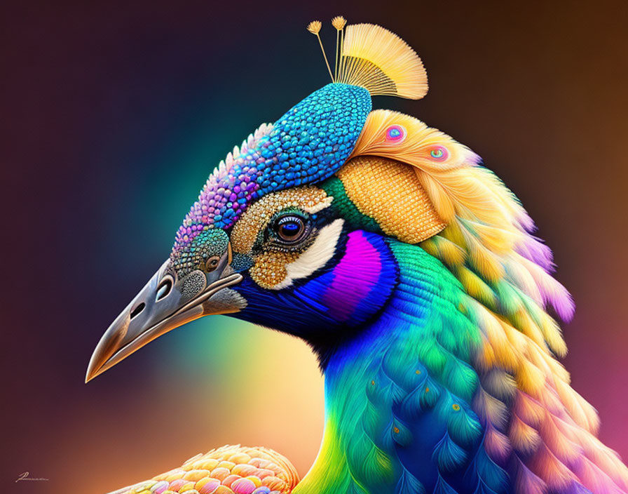 Colorful digital artwork: Intricate peacock feathers in vibrant hues