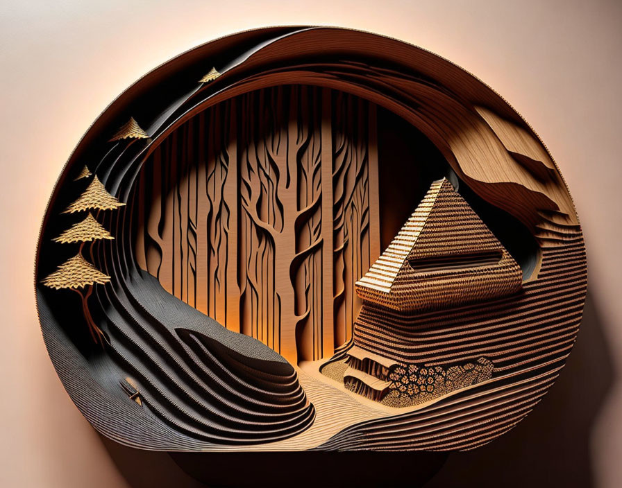 Circular 3D layered paper art of forest scene with pine trees, cabin, and hills in warm