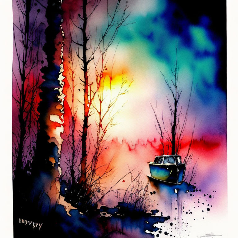 Serene landscape watercolor painting with boat, trees, and colorful sunset