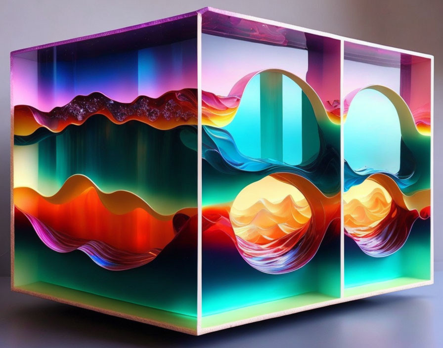 Colorful Abstract Digital Art: Vibrant Waves and Shapes in Cube Structure