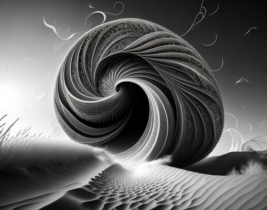 Monochrome fractal art of spiraling structure with intricate patterns in desert scene