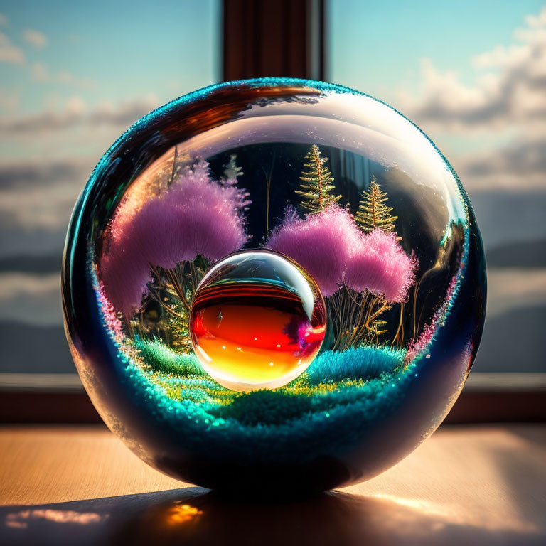 Colorful Glass Sphere with Trees and Sunset Backdrop