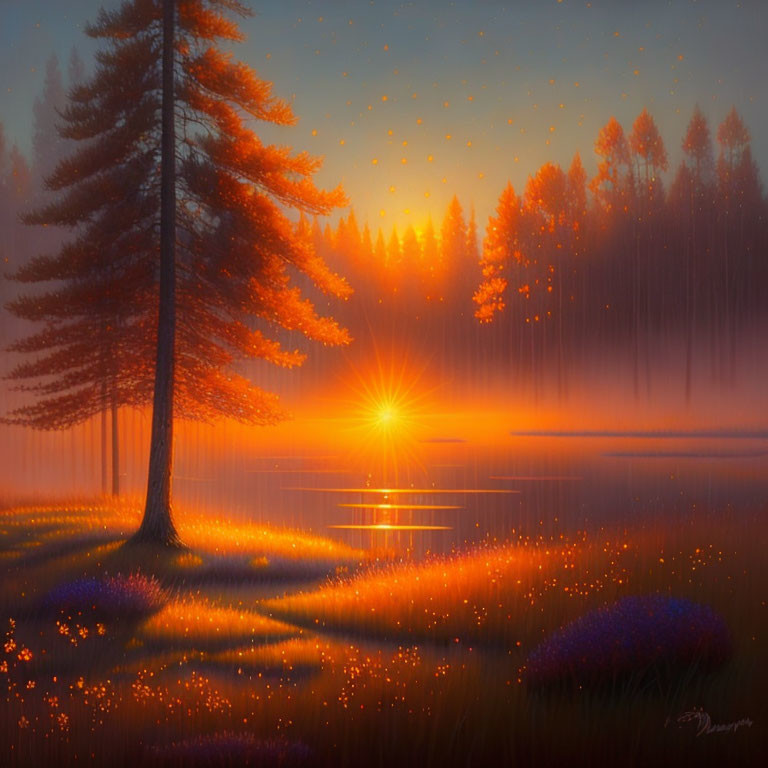 Tranquil sunset with vibrant orange hues over misty water and silhouetted trees