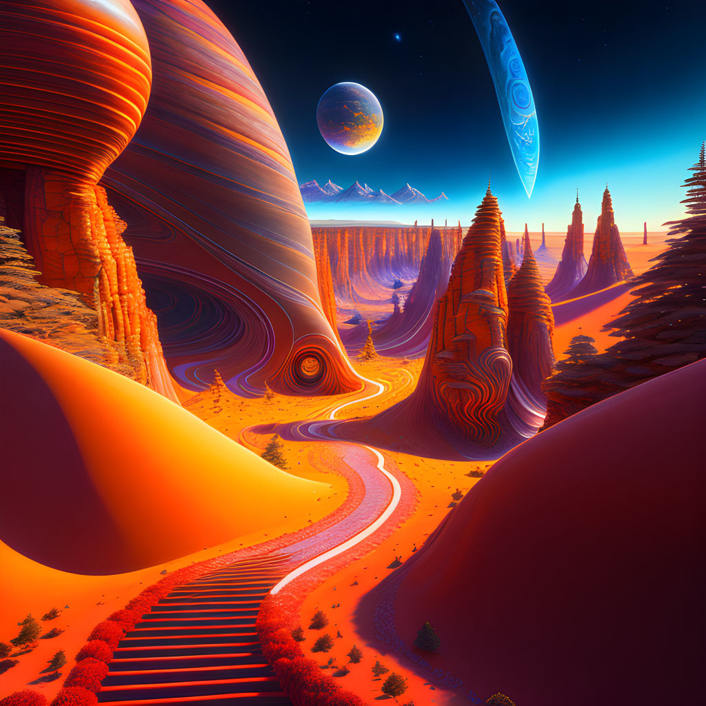 Alien landscape with swirling patterns, orange hues, stair-like formations