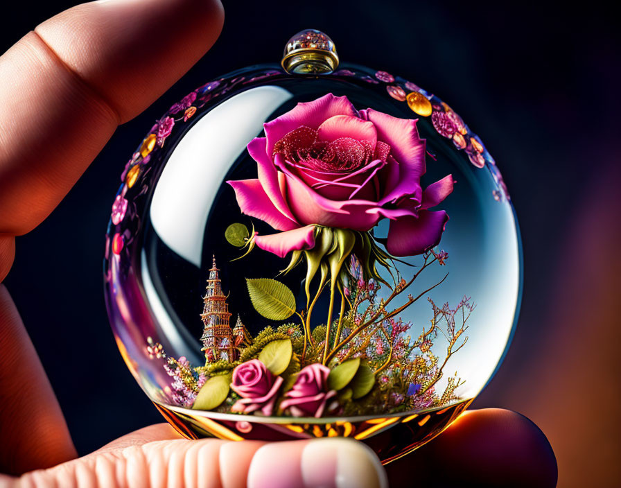 Crystal Ball with Pink Rose, Tower, and Flowers on Dark Background