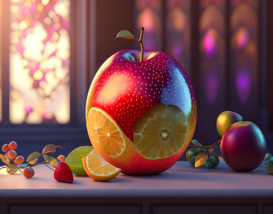 Realistic composite fruit blend with apple, citrus, and berries on sunny windowsill.