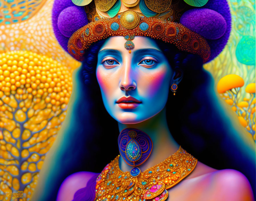 Vibrant digital artwork of woman with blue skin and gold jewelry