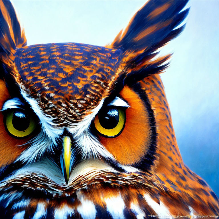 Vibrant orange and brown feathered owl with yellow eyes and sharp beak