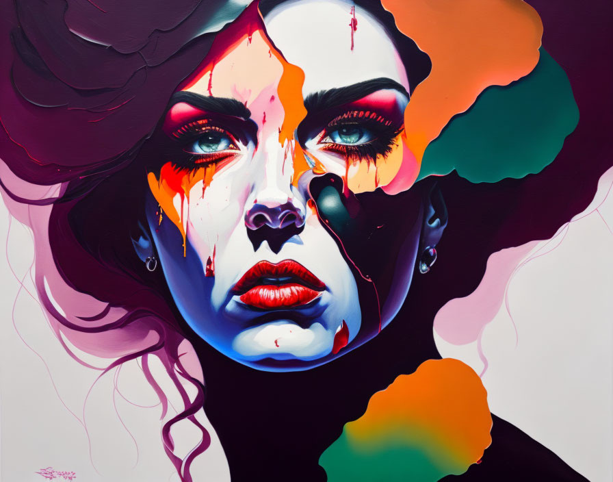 Colorful abstract portrait of woman with paint streaks on face