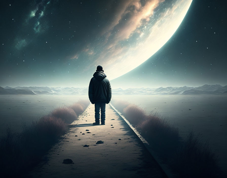 Solitary figure on snowy path under starry night sky with crescent planet.