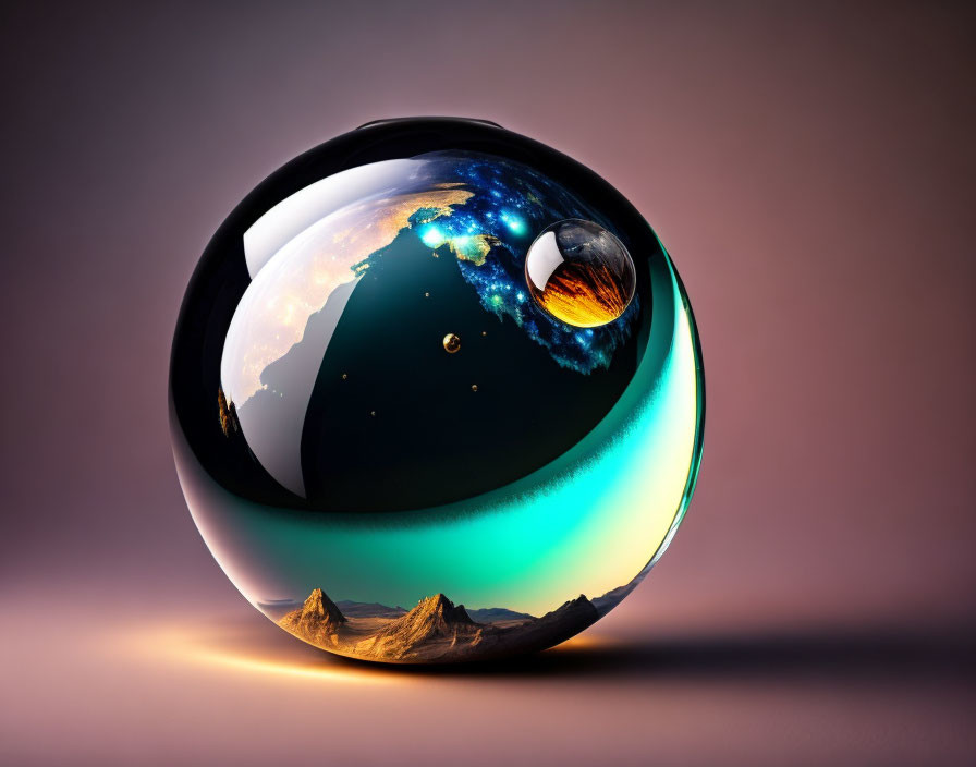 Reflective glossy sphere with surreal landscape and eye-like feature