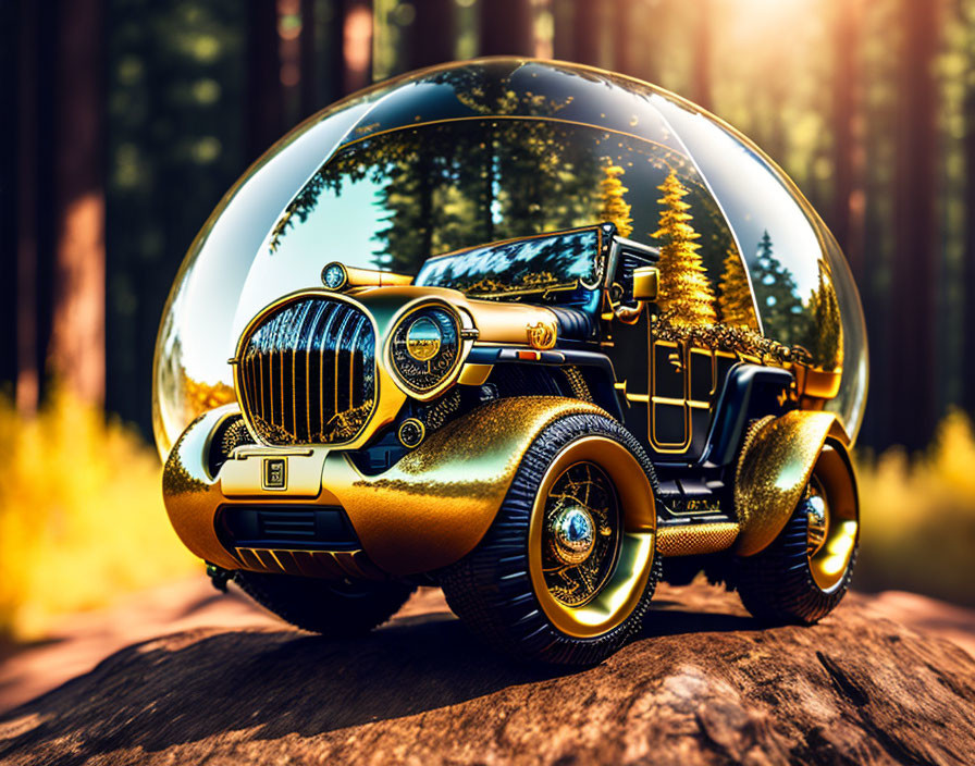 Vintage Golden Car Reflecting Forest Scene on Rocky Surface