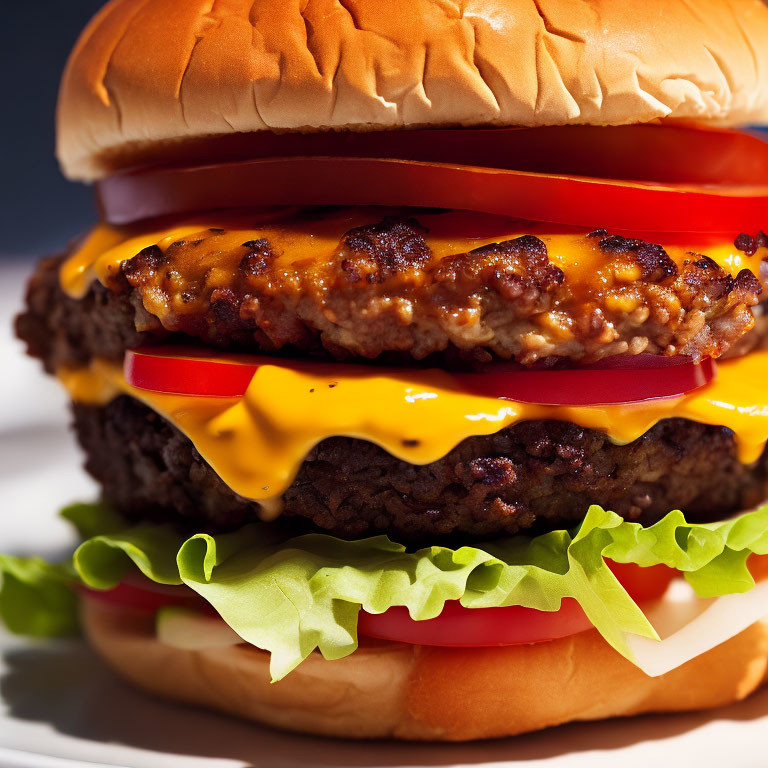 Double cheeseburger with lettuce, tomato, cheddar cheese, and beef patties on sesame seed bun