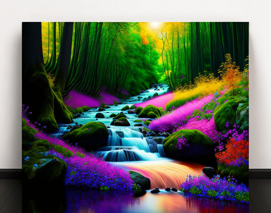 Colorful forest scene with waterfall and creek under mystical light